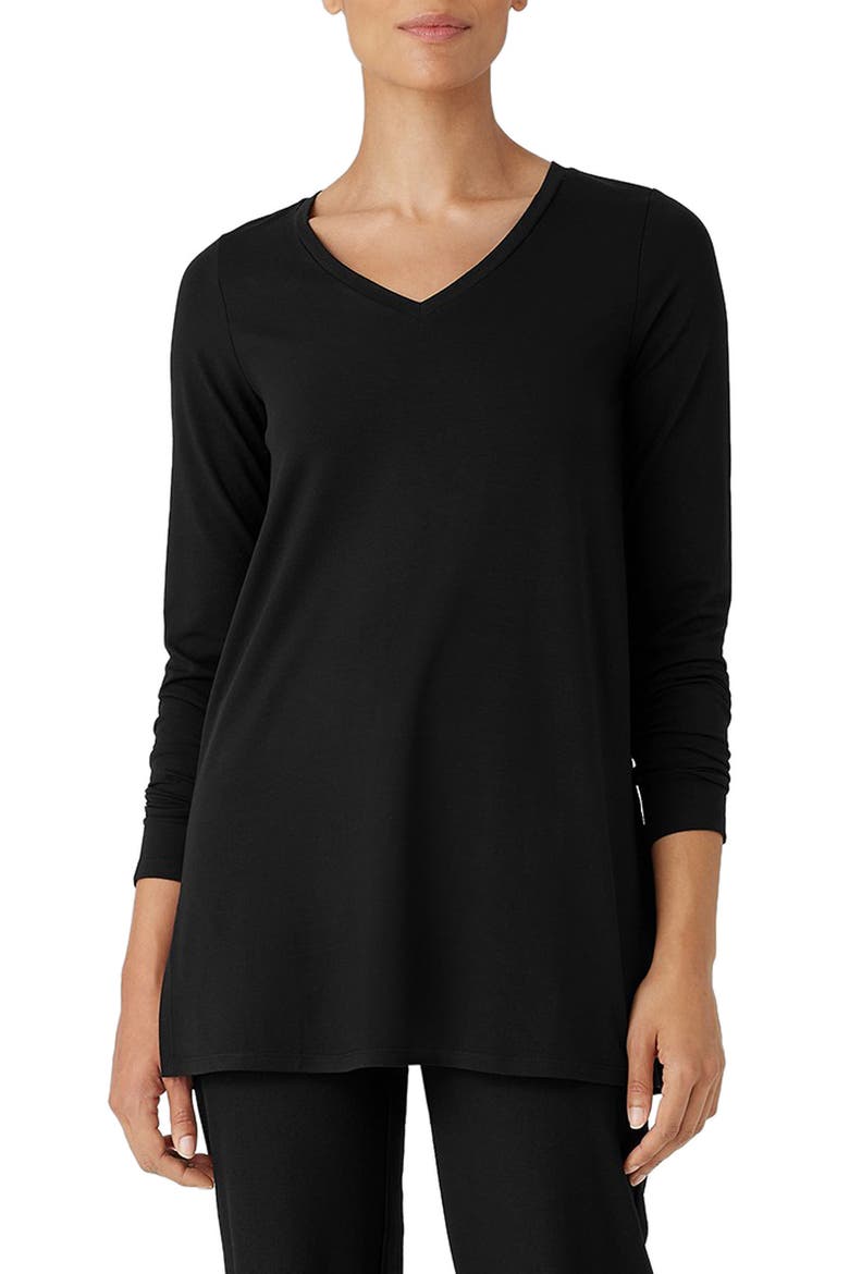 Long Sleeve V-Neck Tunic Top, Main, color, BLACK