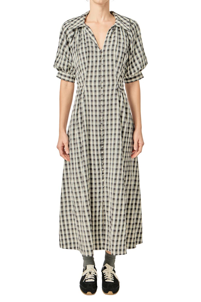 Gingham Puff Sleeve Seersucker Shirtdress, Alternate, color, BLACK