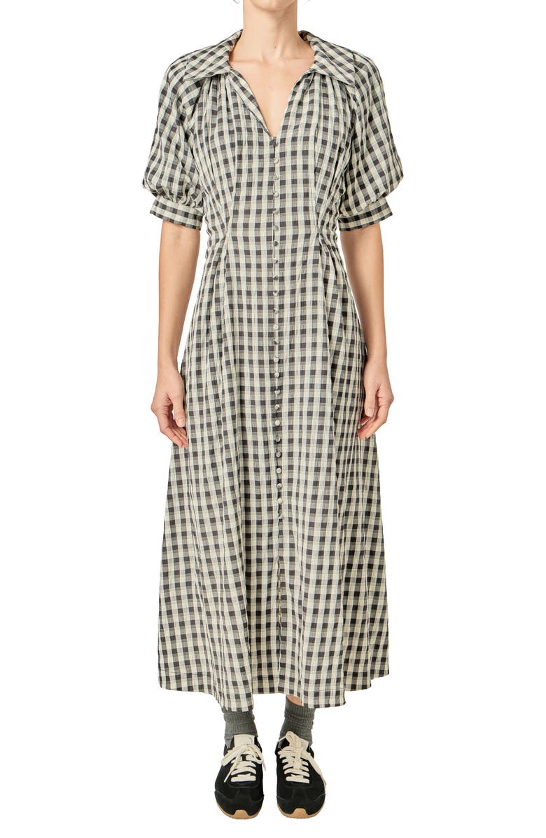 English Factory Gingham Puff Sleeve Seersucker Shirtdress, Alternate, color, Black