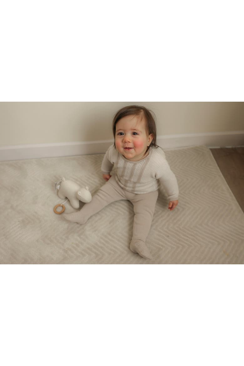 Striped Pointelle Knit Set Long Sleeve Top and Pants with Bonnet, Alternate, color, Beige