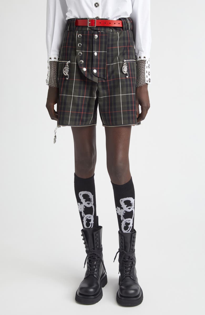 Chopova Lowena Tartan Extension Shorts with Detachable Denim Panels, Alternate, color, Blue And Green Multi