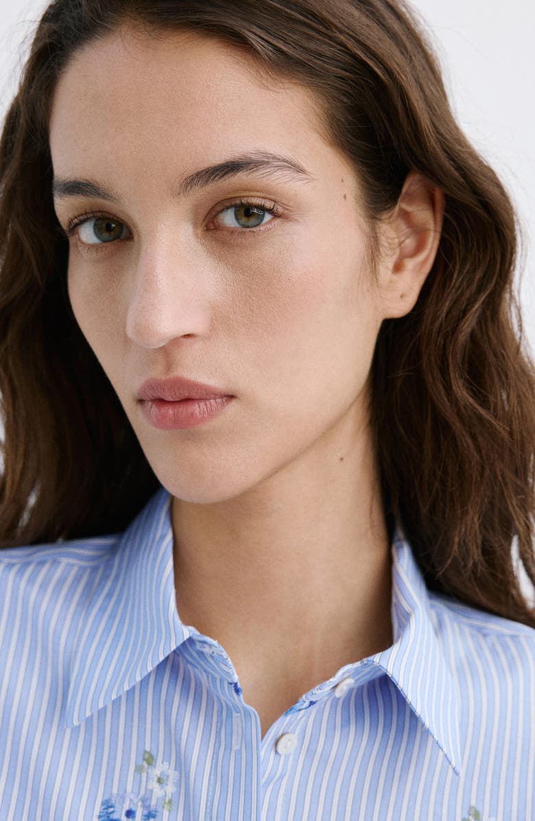 MANGO Embroidered Stripe Button-Up Shirt, Alternate, color, Sky Blue