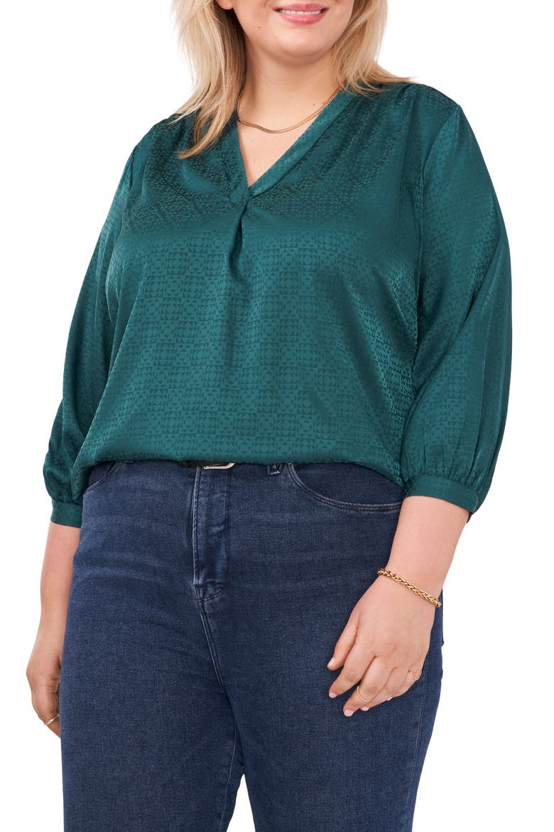 V-Neck Jacquard Blouse, Main, color, RICH SPRUCE