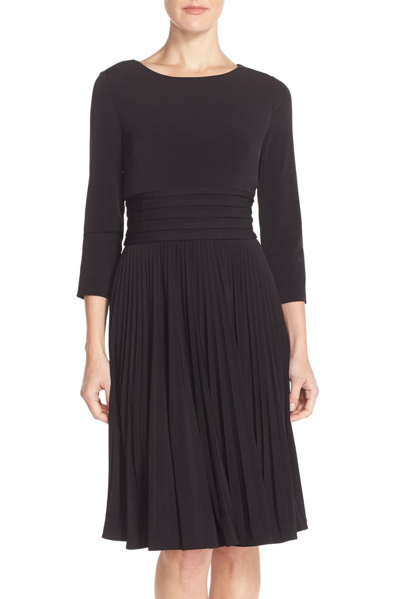 Pleated Jersey Fit & Flare Dress, Main, color, BLACK