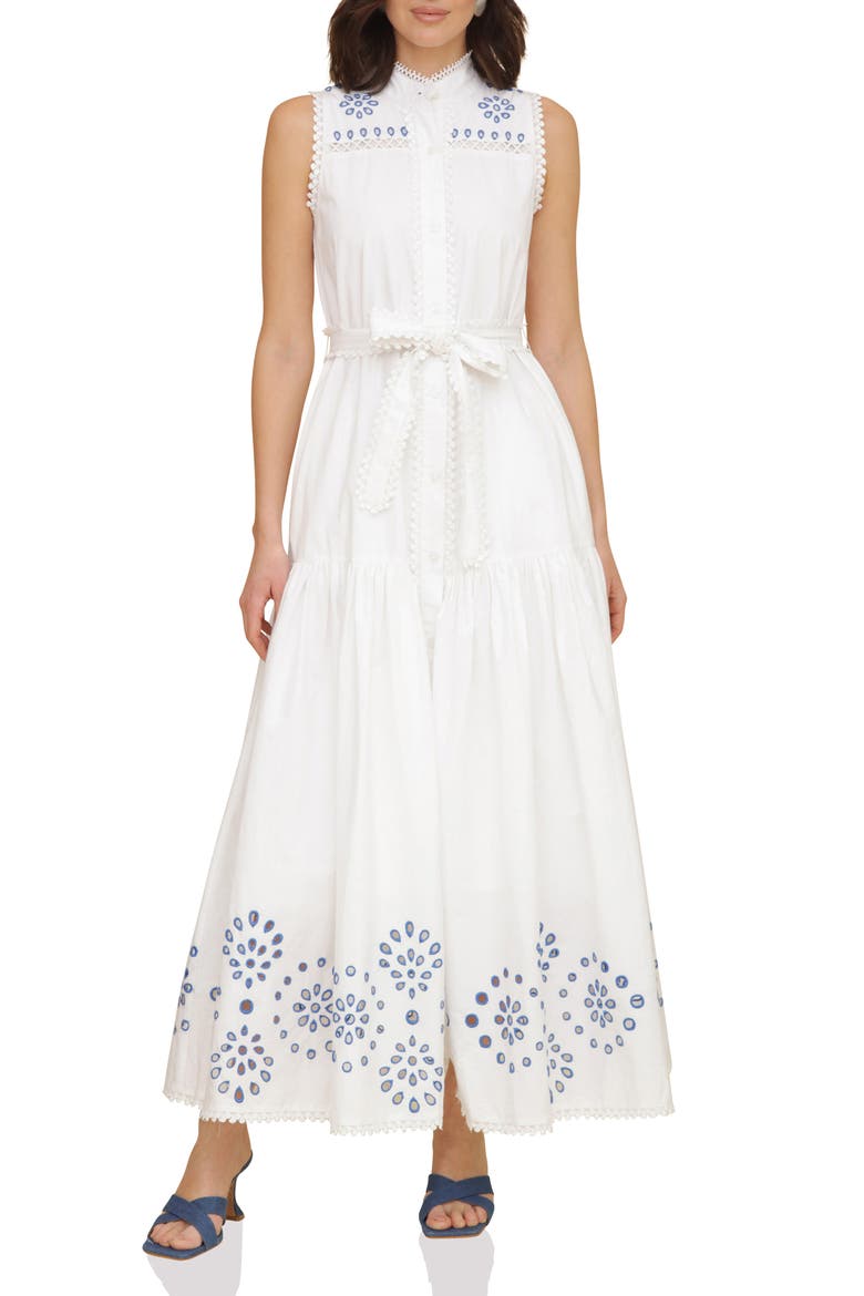 Eyelet Embroidery Sleeveless Maxi Dress, Main, color, WHITE BLUE