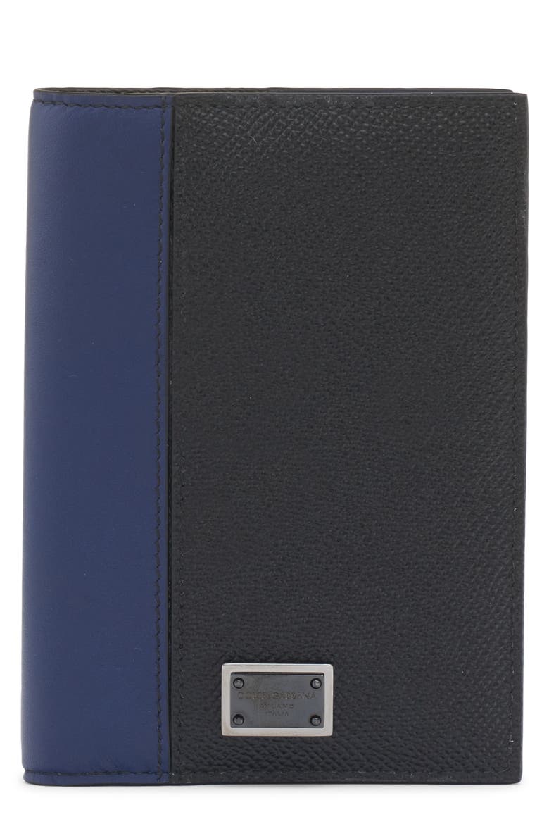 Dauphine Colorblock Leather Passport Holder, Main, color, NERO/ BLU NOTTE