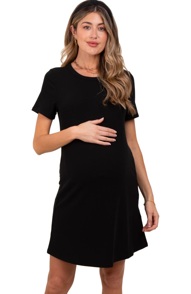 PinkBlush Ribbed Knit Basic Short Sleeve T-Shirt Dress, Alternate, color, Black