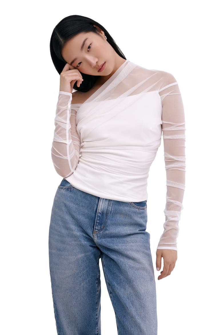 Monroe One-Shoulder Mesh Overlay Top, Alternate, color, OFF WHITE