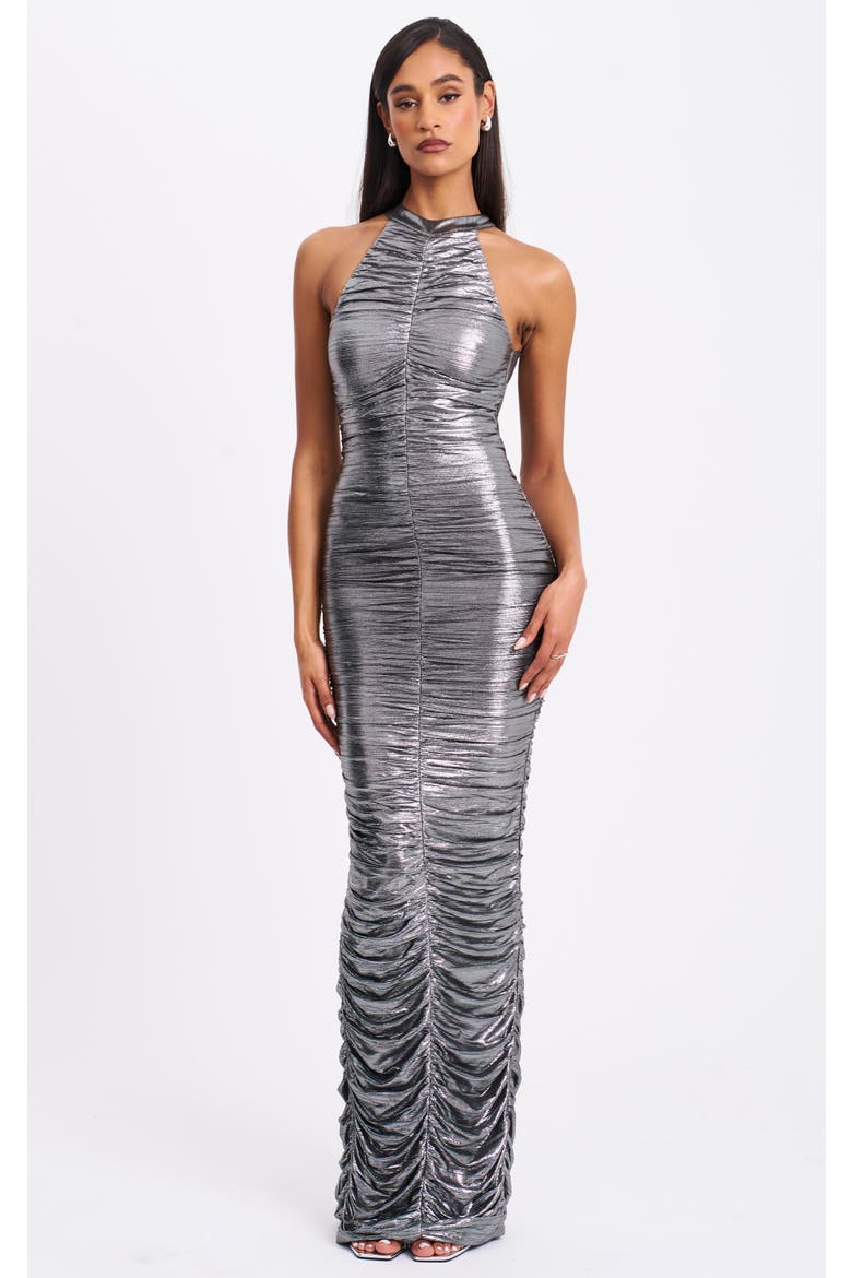 Abril Ruched Glitter Backless Gown, Main, color, Silver