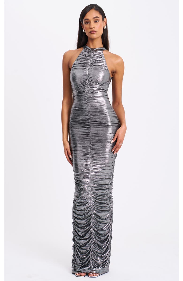 Miss Circle Abril Ruched Glitter Backless Gown, Main, color, Silver