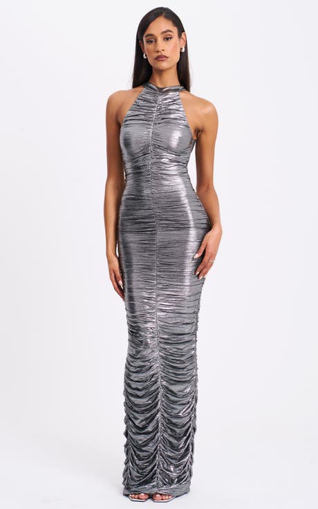 Abril Ruched Glitter Backless Gown