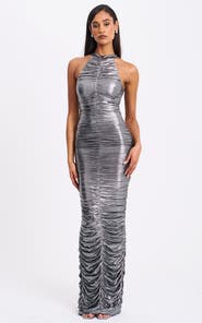 Miss Circle Abril Ruched Glitter Backless Gown