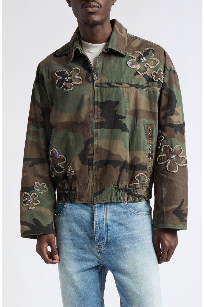 Crystal Embellished Floral Patch Camouflage Print Cotton Twill Jacket, Main, color, CAMO TWILL