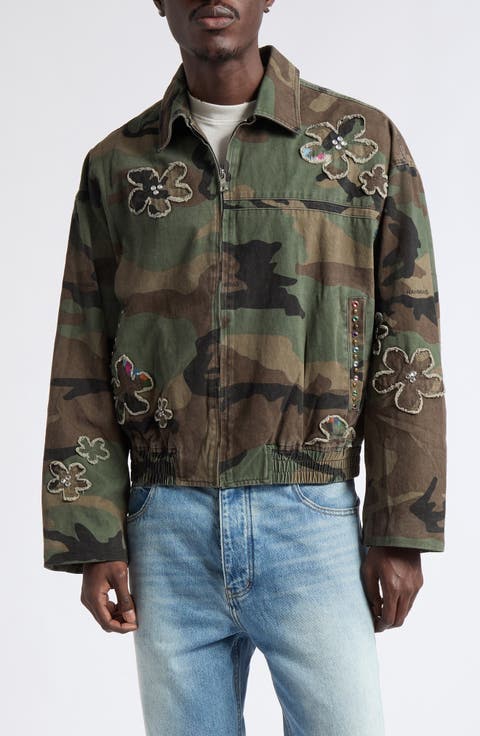 Crystal Embellished Floral Patch Camouflage Print Cotton Twill Jacket