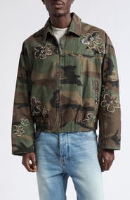 NAHMIAS Crystal Embellished Floral Patch Camouflage Print Cotton Twill Jacket