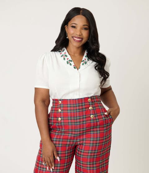 Plus Size 1940s Short Sleeve Collared Button Down Woven Blouse