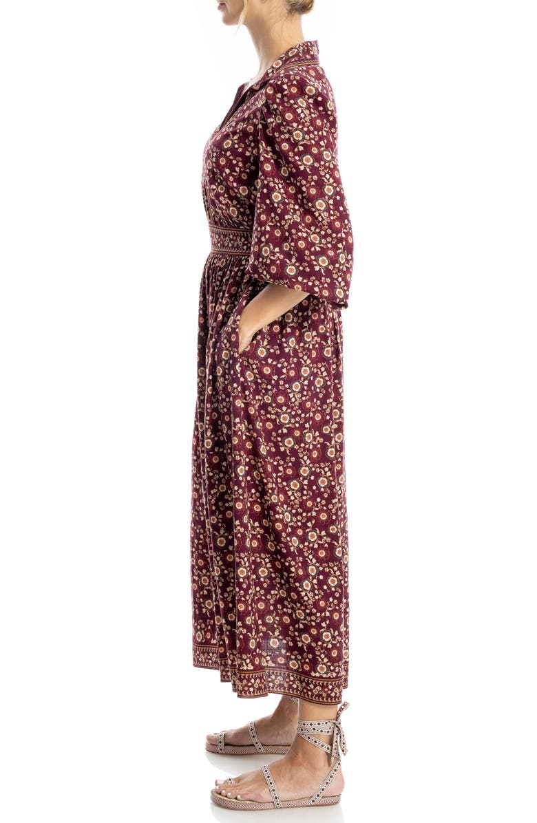 MAX STUDIO Bubble Sleeve Midi Dress, Alternate, color, Burgundy/Beige Garden Tapestry