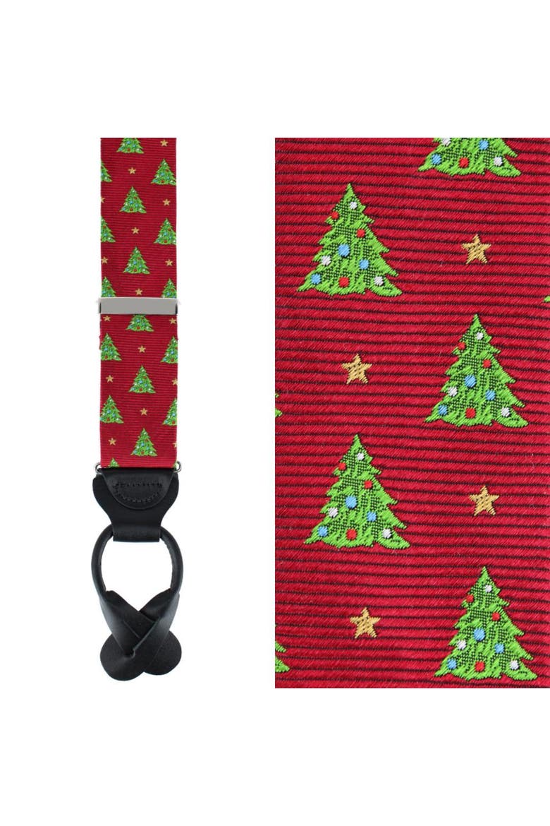 Oh Christmas Tree Novelty Silk Button End Suspenders, Main, color, Red