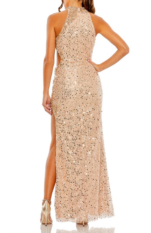 Mac Duggal Side Cut Out High Neck Sequin Gown In Rose Gold