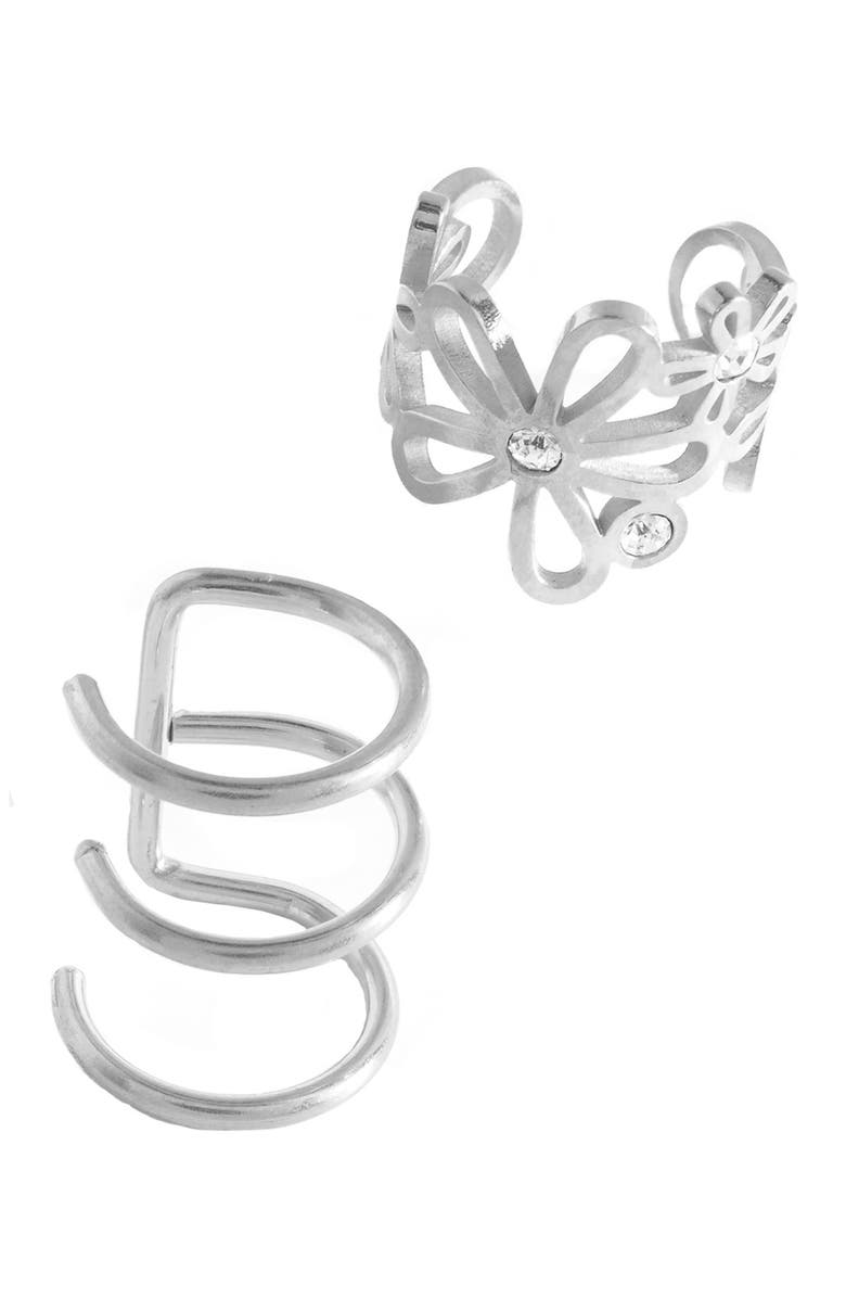 Sterling Forever Sterling Silver Bezel Set Cubic Zirconia Flower & Multi-Row Mismatched Ear Cuff Set - Set of 2, Main, color, Silver