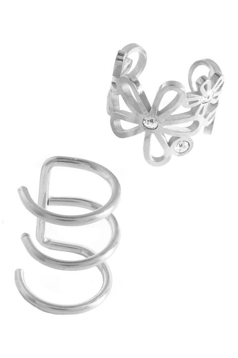 Sterling Silver Bezel Set Cubic Zirconia Flower & Multi-Row Mismatched Ear Cuff Set - Set of 2