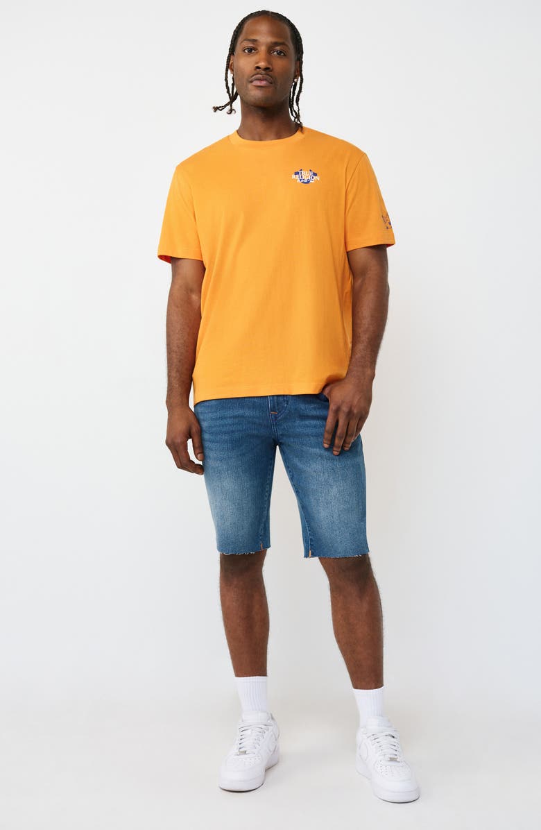 True Religion Rocco Super T Flap Raw Hem Jean Shorts, Alternate, color, Medium Blue Quartz Wash