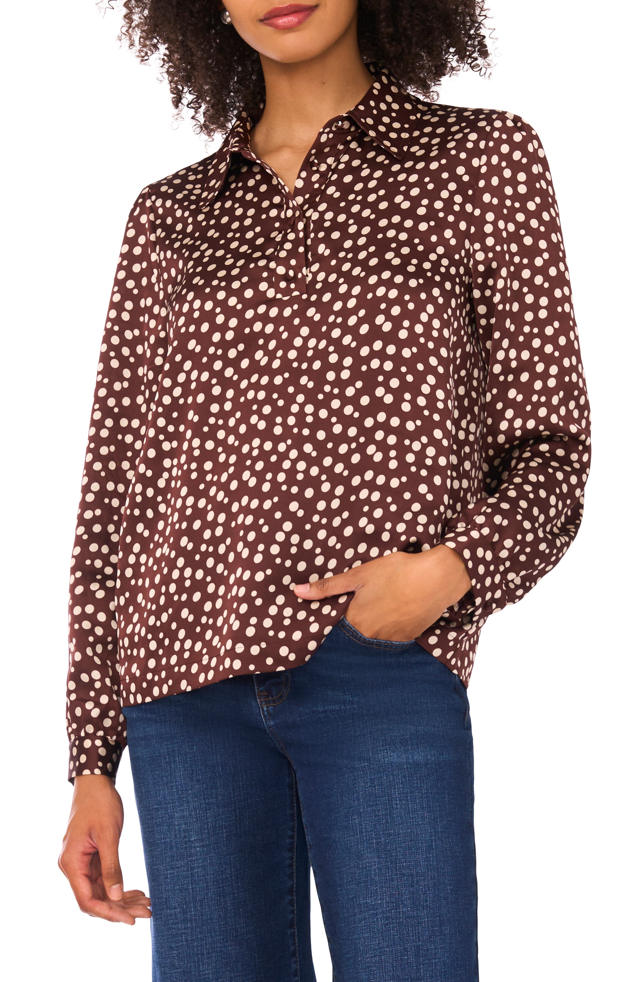 Halogen® Polka Dot Long Sleeve Satin Top