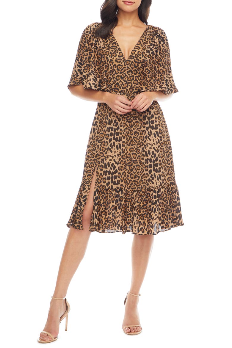 Francesca Leopard Flutter Cape Sleeve Dress, Main, color, TAUPE LEOPARD MULTI