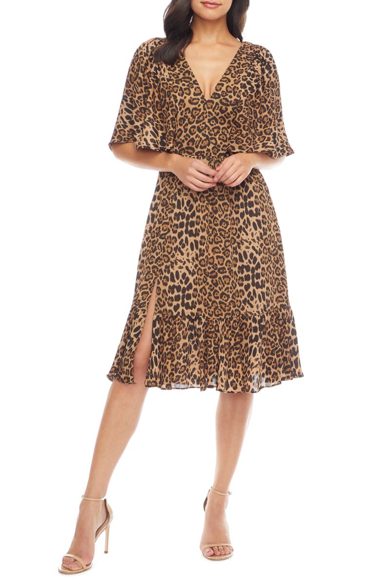 Dress the Population Francesca Leopard Flutter Cape Sleeve Dress, Main, color, 