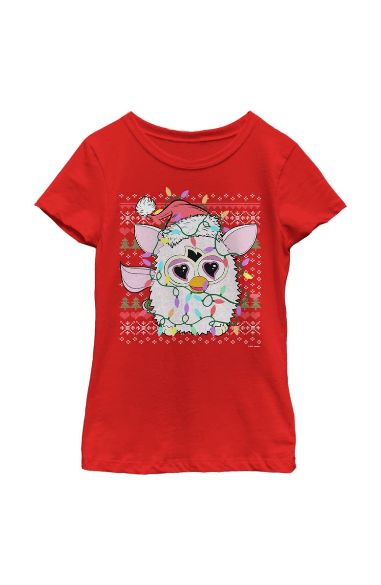 Furby Girl's Furby Christmas Lights Ugly Sweater Print  Graphic T-Shirt, Main, color, Red