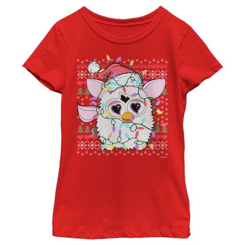Girl's Furby Christmas Lights Ugly Sweater Print  Graphic T-Shirt