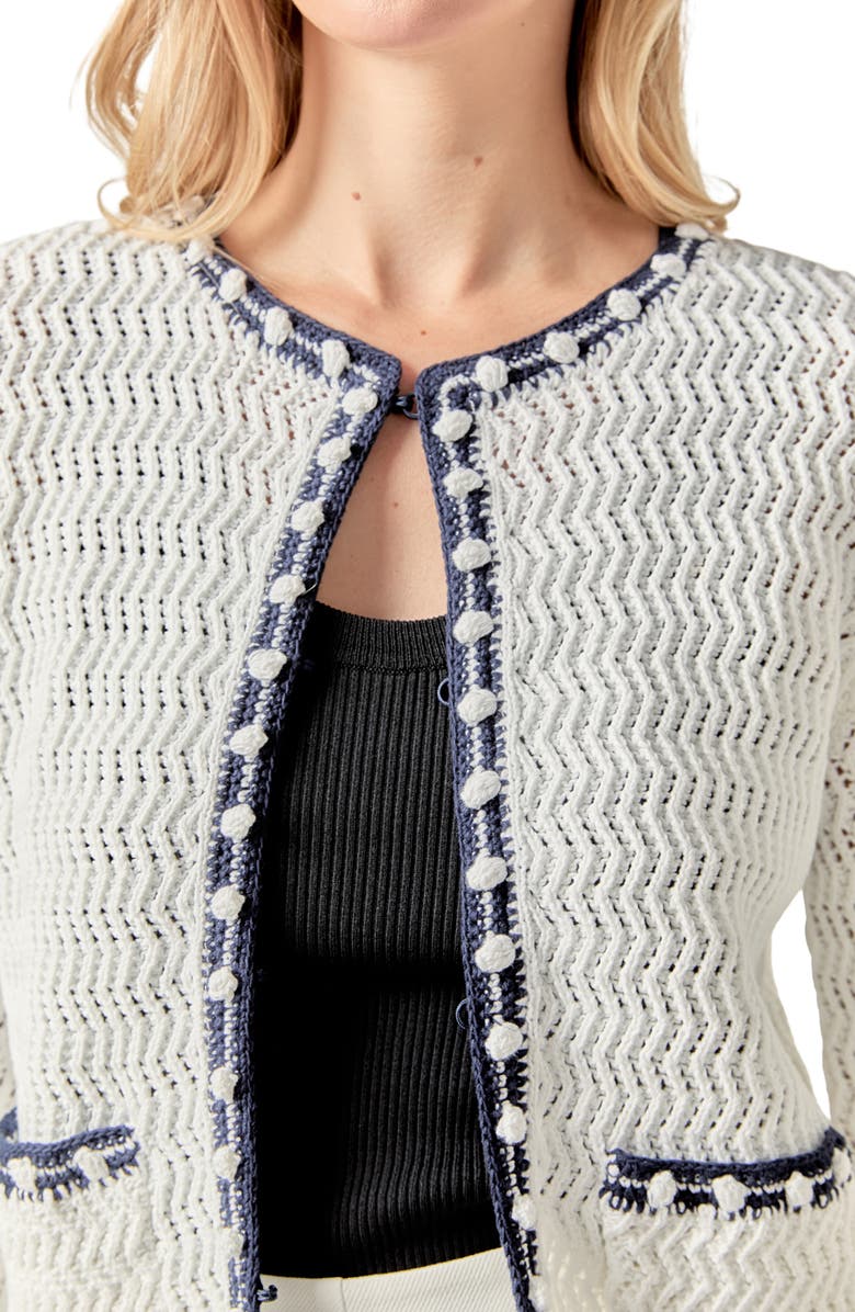 English Factory Crochet Cardigan, Alternate, color, White/ Navy