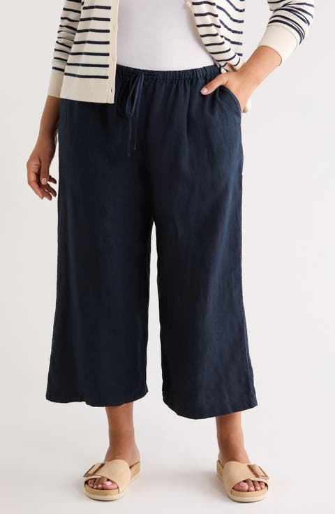 Wide Leg Crop Linen Pants (Plus)
