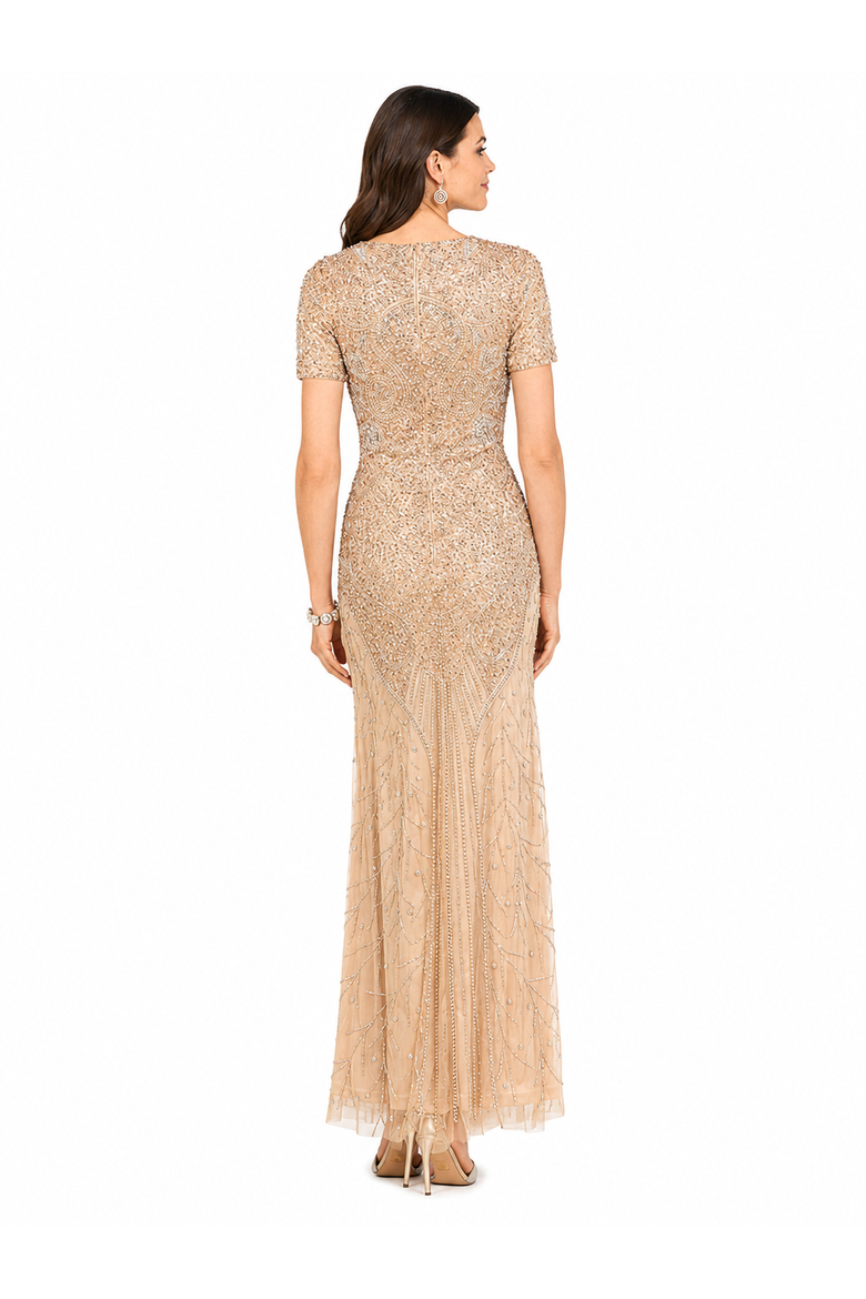 Short Sleeve Sheath Beaded Gown, Alternate, color, Nude