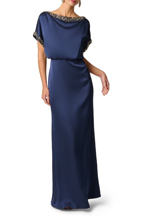 Crystal Detail Satin Crepe Blouson Gown