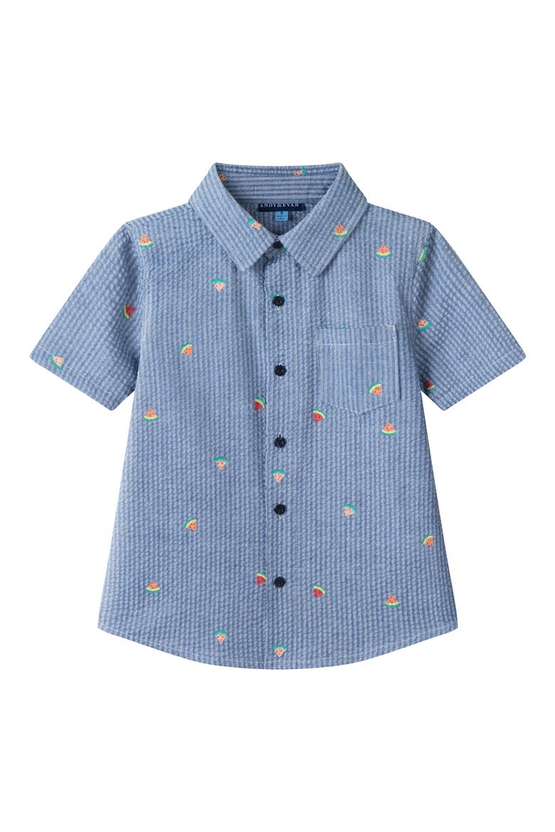 Kids' Watermelon Print Short Sleeve Seersucker Button-Up Shirt, Main, color, NAVY WATERMELON