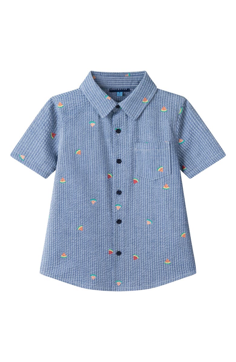 Andy & Evan Kids' Watermelon Print Short Sleeve Seersucker Button-Up Shirt, Main, color, Navy Watermelon