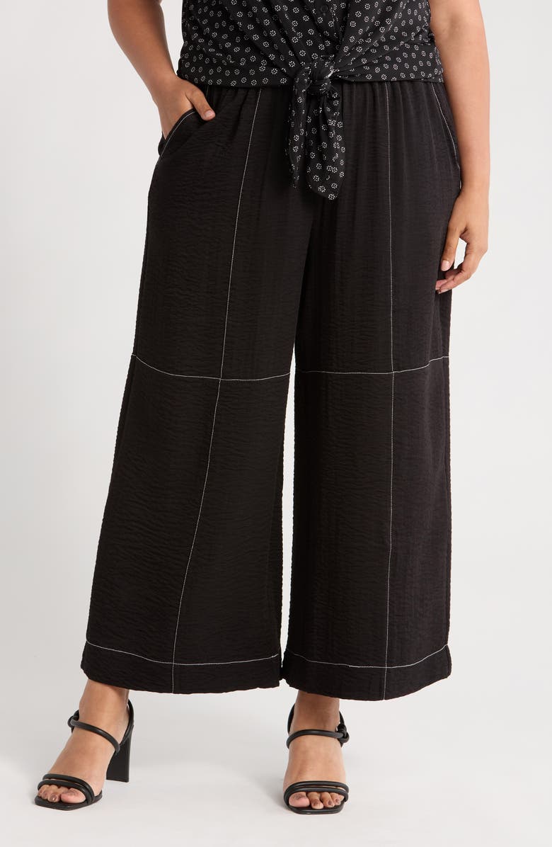 Adrianna Papell Crinkled Topstitched Pants, Main, color, Black/ Ivory