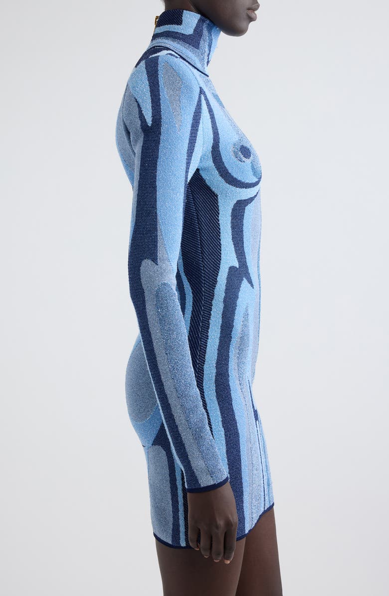 Balmain Trompe l'Oeil Jacquard Long Sleeve Knit Body-Con Dress, Alternate, color, 