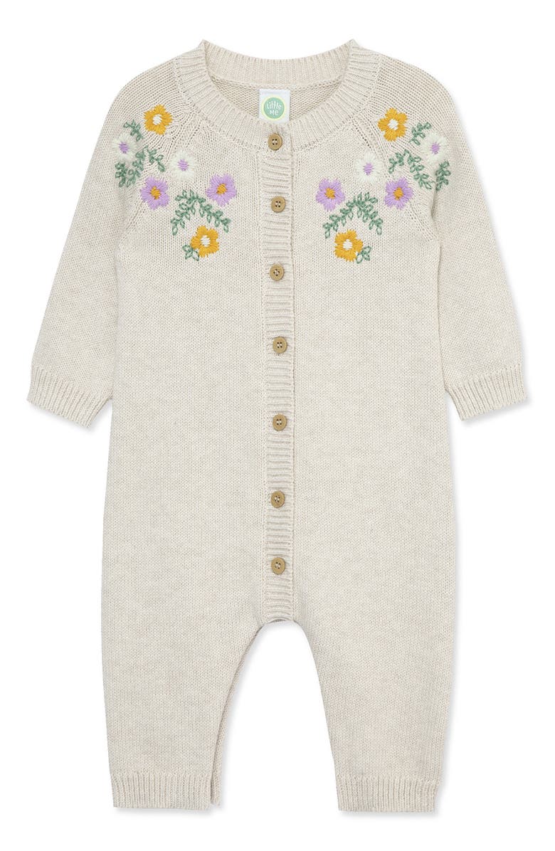 Little Me Garland Embroidered Cotton Sweater Romper, Main, color, Oatmeal