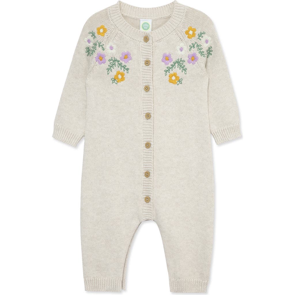 Little Me Garland Embroidered Cotton Sweater Romper in Oatmeal