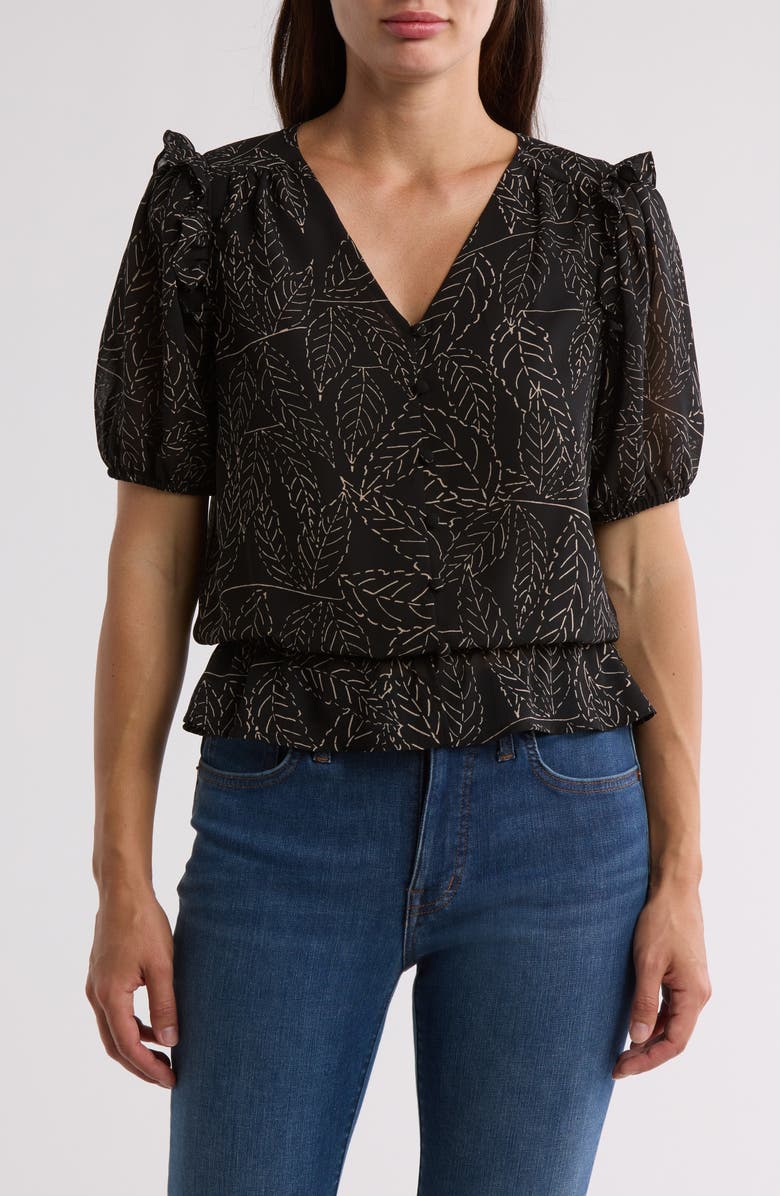 Pleione Puff Sleeve Peplum Top, Main, color, Black Linear Leaf