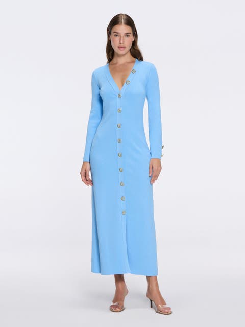 Brezia Knitted Maxi Dress with Long Sleeves and Gold Button Details
