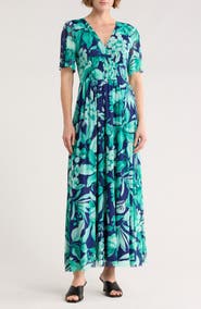 London Times Floral Smocked Flutter Sleeve Mesh Maxi Dress