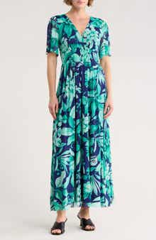 London Times Floral Smocked Flutter Sleeve Mesh Maxi Dress