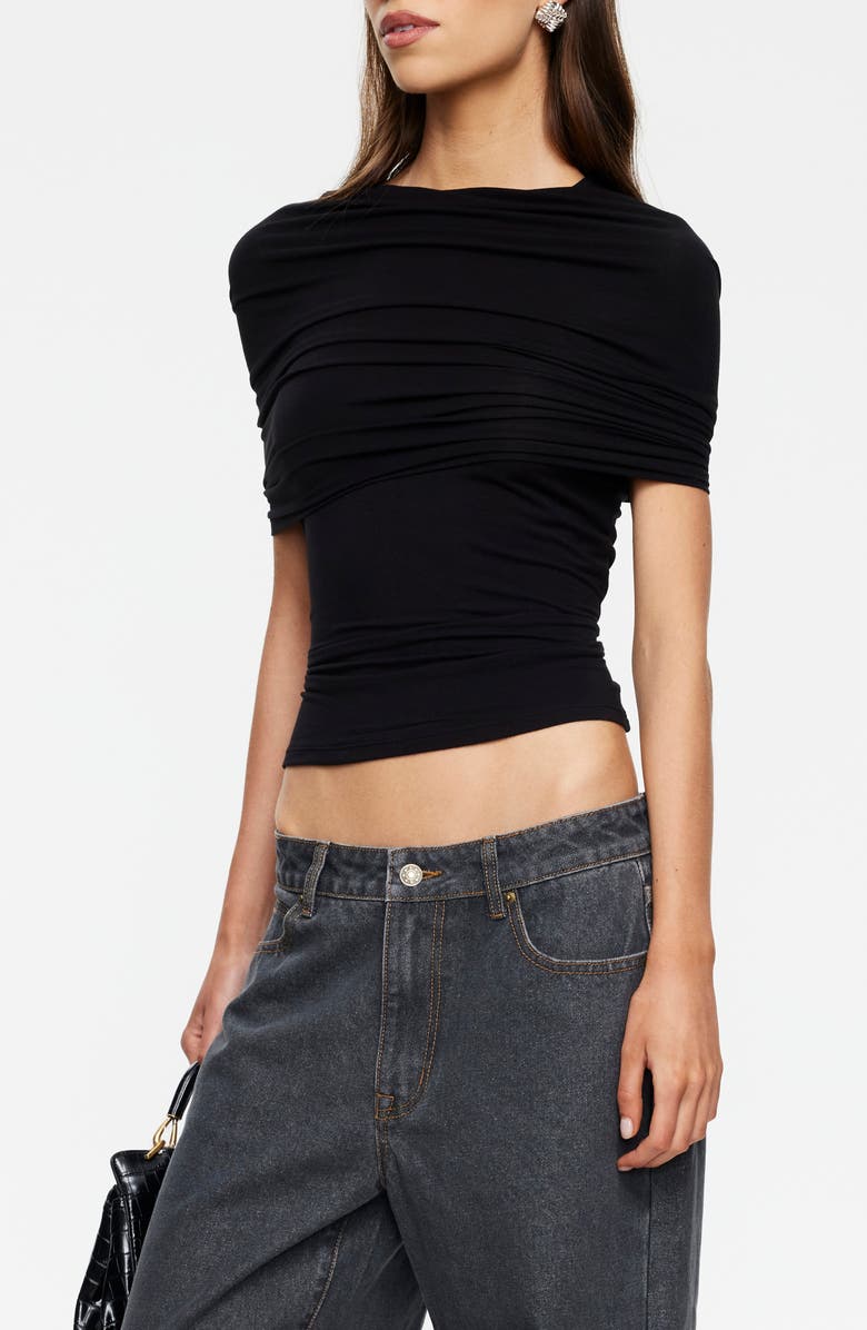 LIONESS Bella Vita Ruched Foldover Mock Neck Crop Top, Alternate, color, Noir