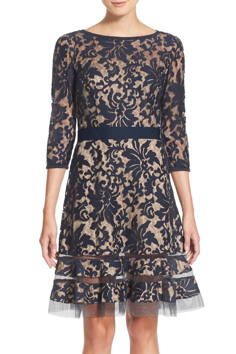 Belted Lace Dress, Main, color, NAVY/ NUDE