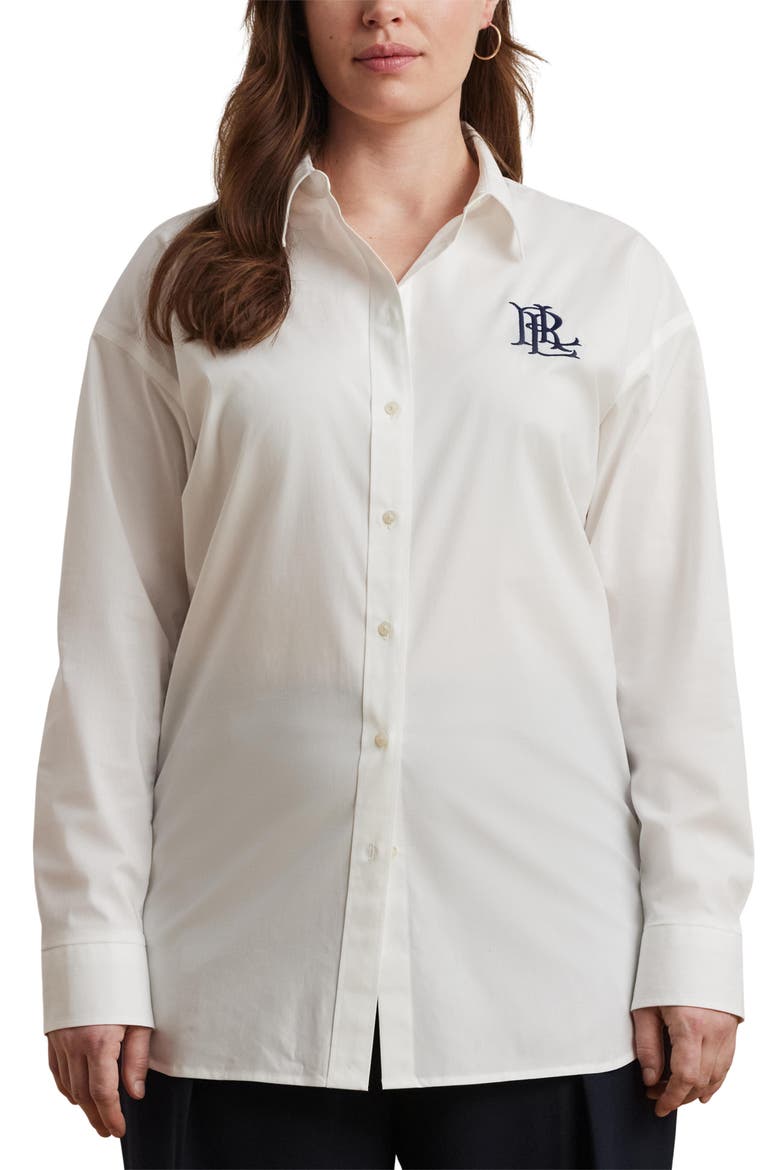 Embroidered Logo Stretch Cotton Button-Up Shirt, Main, color, WHITE