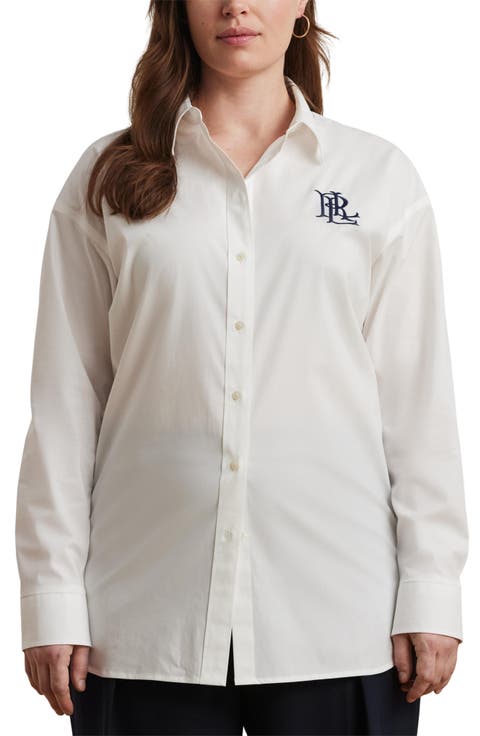 Embroidered Logo Stretch Cotton Button-Up Shirt (Plus)