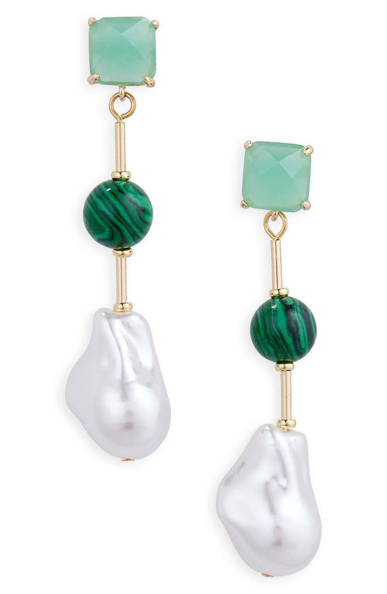 Panacea Malachite & Pearl Linear Drop Earrings, Main, color, 
